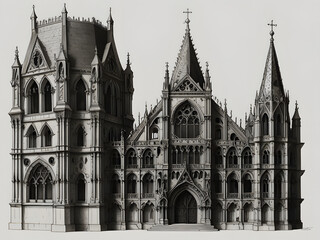 a gothic building with different patterns and that there were a lot of towers with crosses in black and white, with shadows in pencil version. perspective and from the bottom