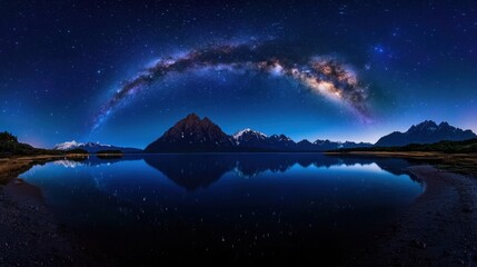 A beautiful night sky with a large body of water and mountains in the background
