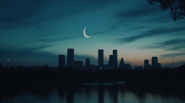A crescent moon hangs above a serene city skyline at dusk, its silhouette mirrored in the calm waters below, crafting a tranquil and enchanting scene.