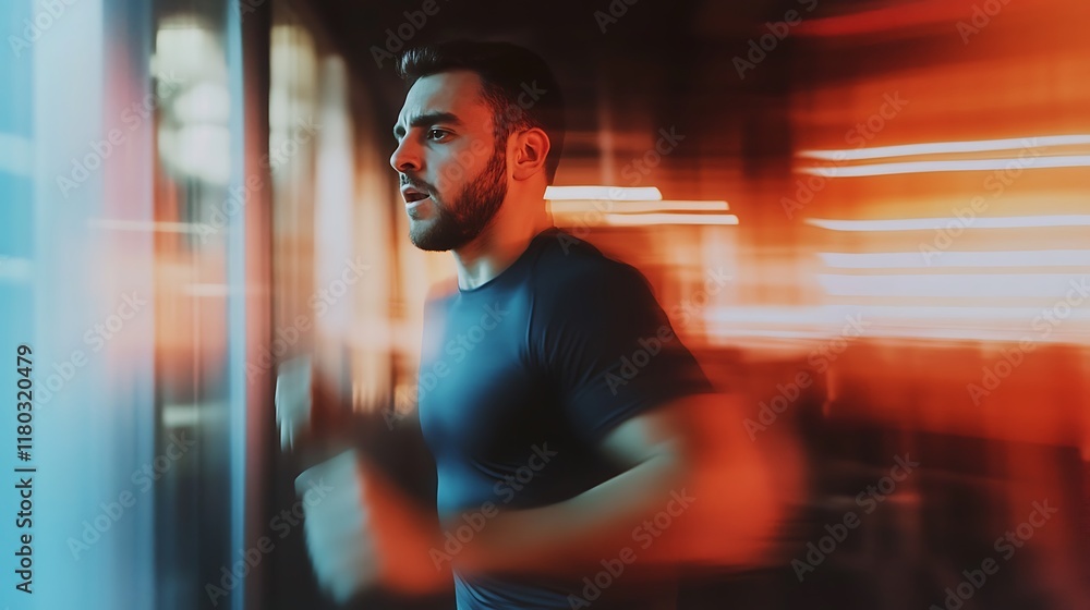Poster a man running energetically in a dynamic, blurred environment.