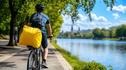Obraz premium Delivery man riding a bike along a riverfront path, the bright yellow bag contrasting with the serene blue water and green trees.