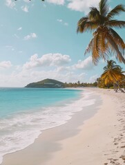 Obraz premium Soft waves lap against a serene beach lined with swaying palm trees. A distant hill rises against a blue sky dotted with fluffy clouds, creating a peaceful tropical atmosphere