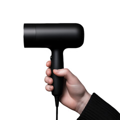 Hand Holding a Black Hair Dryer. Isolated on Transparent Background. PNG.
