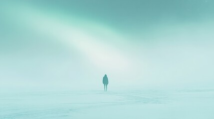 Naklejka premium A lone figure traverses a light-filled Arctic landscape, enveloped in pale hues and mystery, evoking themes of isolation and beauty.
