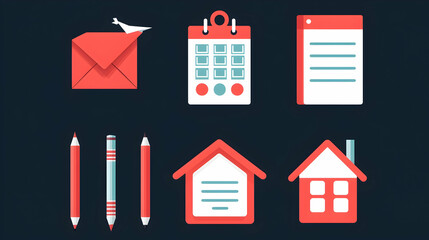 Obraz premium Flat design icons of email, calendar, notepad, house, and pencils on dark background.