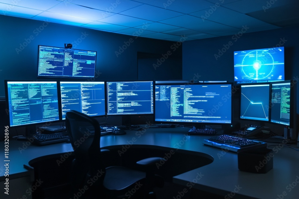 Poster Dark computer room with multiple monitors. Cybersecurity operation center. Software development workspace. IT and Tech industry concept