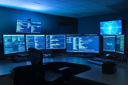 Dark computer room with multiple monitors. Cybersecurity operation center. Software development workspace. IT and Tech industry concept