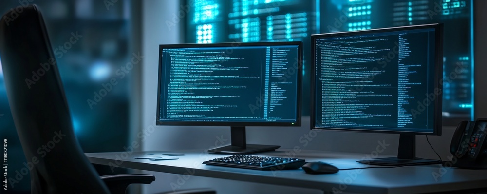 Poster Dark computer room with multiple monitors. Cybersecurity operation center. Software development workspace. IT and Tech industry concept