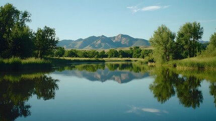 Fototapeta premium Tranquil Mountain Lake with Reflective Waters and Lush Greenery