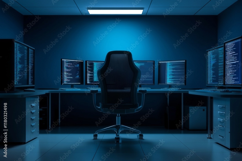 Poster Dark computer room with multiple monitors. Cybersecurity operation center. Software development workspace. IT and tech industry concept