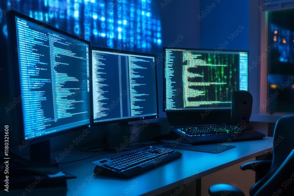 Poster Dark computer room with multiple monitors. Cybersecurity operation center. Software development workspace. IT and Tech industry concept