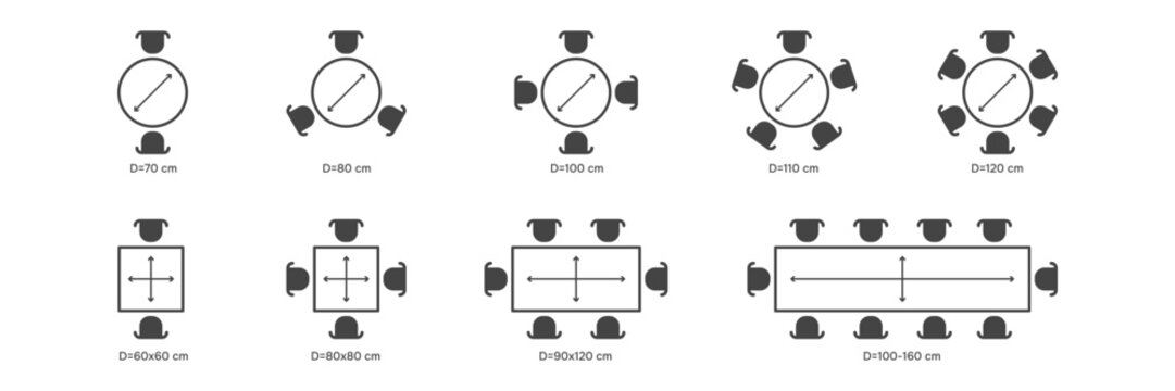 Size of Tables for cafe or restourant. Set of Table Seats. Plan Chairs and Tables. Vector illustration