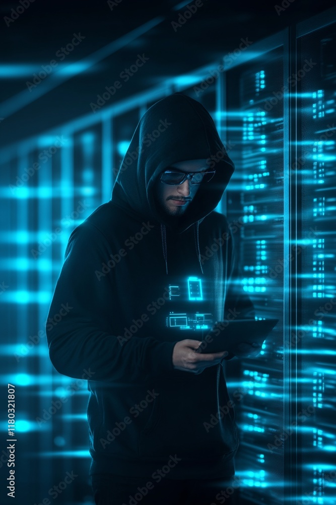 Poster Anonymous hacker in corporate data center. Rows of rack servers. AI training cluster and Artificial Intelligence. Cloud data storage. Cybercrime and network security. Digital information protection