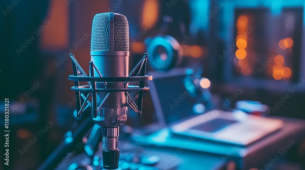 Poster a microphone in a studio setting, ideal for recording or broadcasting.