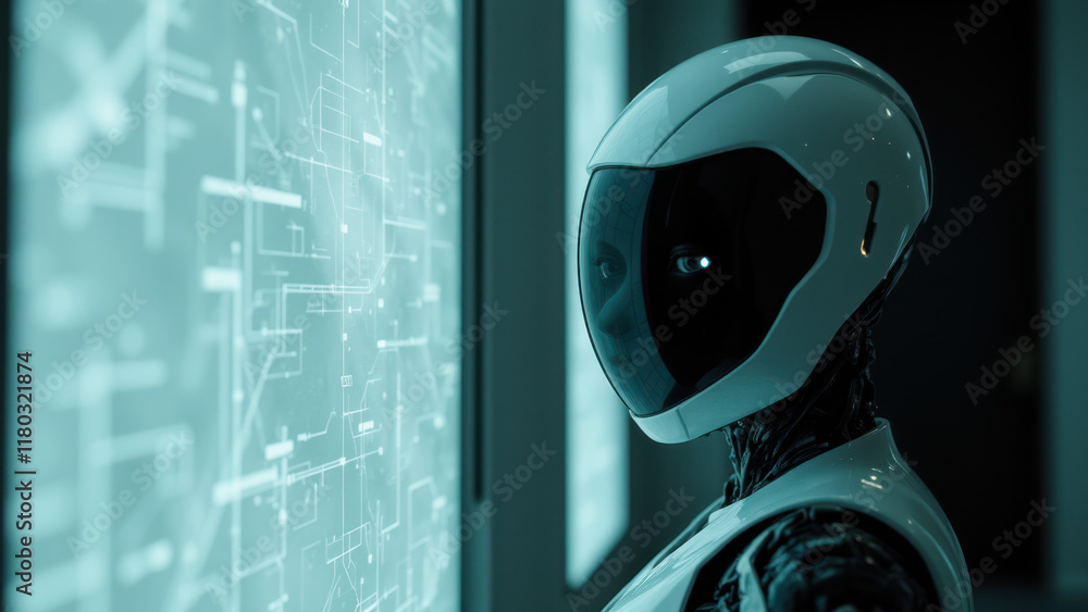 Poster ai robot working on futuristic holographic interface.