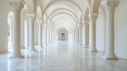 Bright white corridor lined with symmetrical classical columns and floral landscaping on both sides