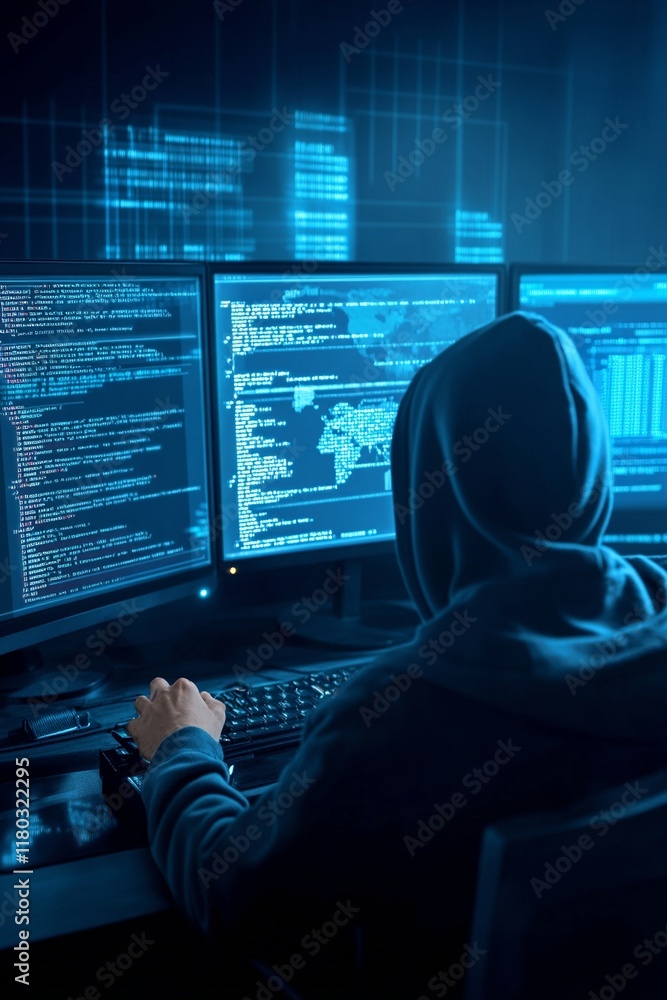 Poster Hooded hacker working on computer. Dark operating room with multiple monitors. Cybercrime, attack and cyberattack concept. Cybersecurity, data protection. Global network