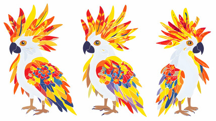 Obraz premium Colorful parrot illustration; three stylized parrots in profile view; vibrant, mosaic-like feathers; white background.