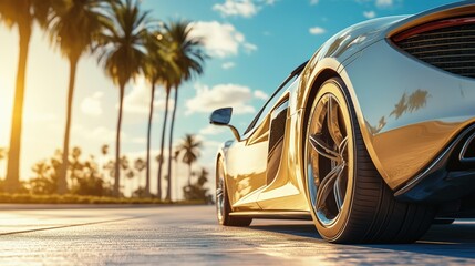 Close-up of a sleek gold sports car parked under palm trees during a sunny day, reflecting luxury and elegance