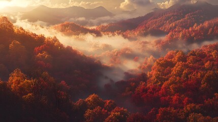Mystical Autumn Valley with Vibrant Fall Foliage and Mountain Views