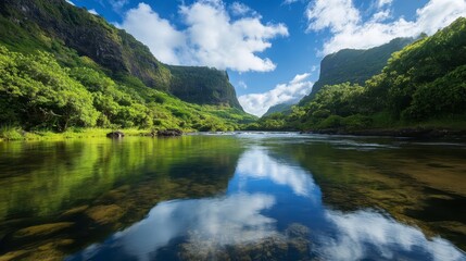 Mountain river and lake surrounded by majestic mountains with clear reflections of clouds and green forest in a scenic summer landscape