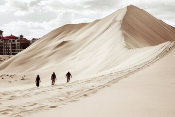 Three people are walking on a sandy hill