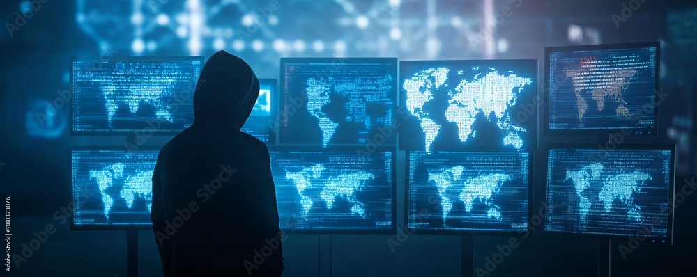 Poster Hooded hacker in dark operating room. Command center with multiple monitors. Cybercrime, attack and cyberattack concept. Cybersecurity, data protection. Global network. Banner with copy space