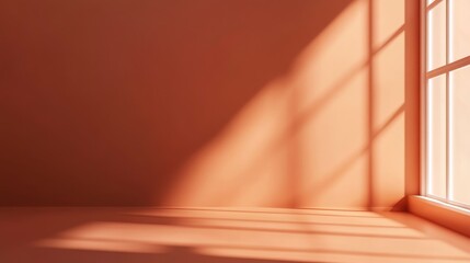 A simple terracotta space with sunlight reflecting through the window. A simple terracotta room with soft sunlight.