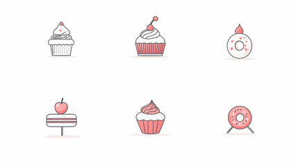Sweet treats icons, line art style, various desserts, light background.