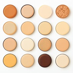 Fototapeta premium A palette of circular makeup shades in various skin tones arranged in a grid layout, showcasing diversity in color options for beauty products.