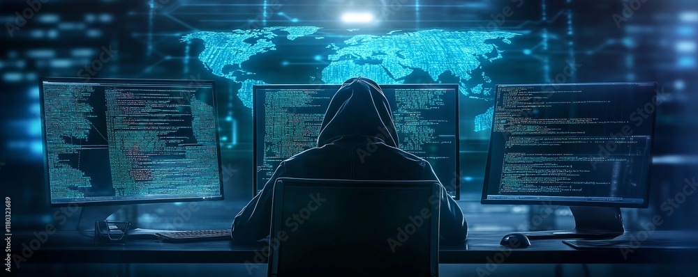 Poster Hooded hacker working on computer. Dark operating room with multiple monitors. Cybercrime, attack and cyberattack concept. Cybersecurity, data protection. Global network. Banner, header