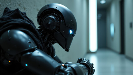 Fototapeta premium A humanoid robot with a cloak leaning against a wall, seemingly contemplating something.