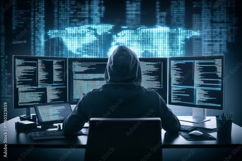 Poster Hooded hacker working on computer. Dark operating room with multiple monitors. Cybercrime, attack and cyberattack concept. Cybersecurity, data protection. Global network