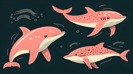 Fototapeta premium Pink Dolphins Ocean Illustration Set, Swirling Water Background, Marine Life Design.