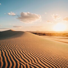 A desert landscape with a sun setting in the background