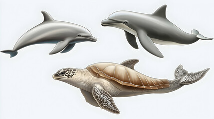 Obraz premium Marine Life Illustration Dolphins and Turtle against White Background.