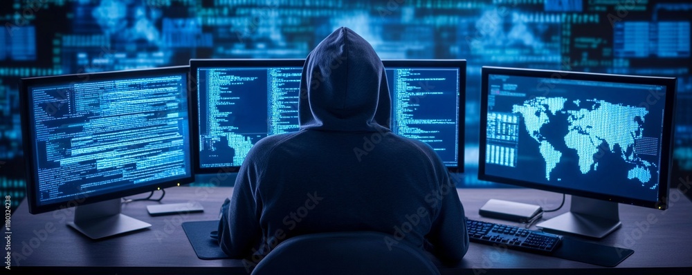 Poster hooded hacker working on computer. dark operating room with multiple monitors. cybercrime, attack an