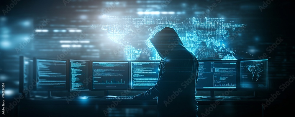 Poster Hooded hacker in dark operating room. Command center with multiple monitors. Cybercrime, attack and cyberattack concept. Cybersecurity, data protection. Global network. Banner with copy space