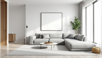 Modern japandi living room with a large gray sectional sofa, a coffee table, and a large window with white curtains.