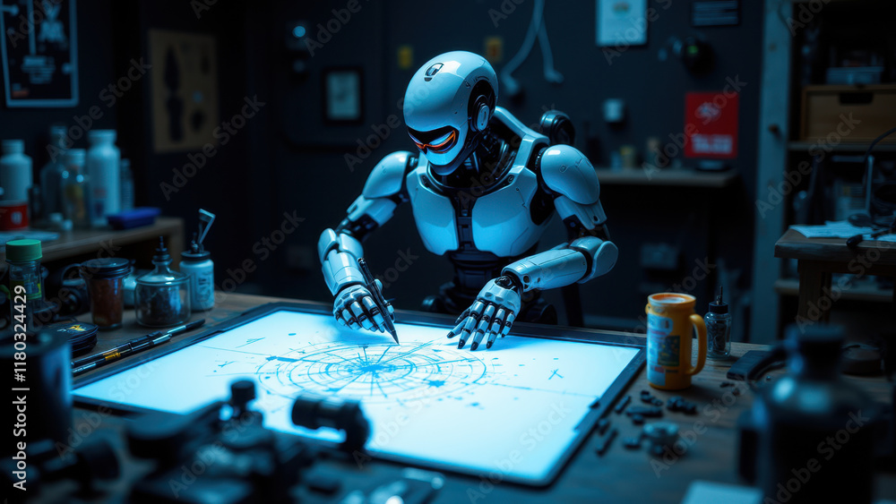 Poster a robot with a human-like appearance sitting at a desk working on a blueprint or design plan.