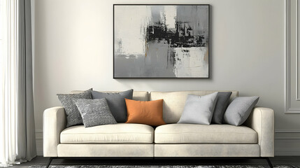 Living room with a classic beige sofa, decorative pillows, and contemporary grey abstract wall art.