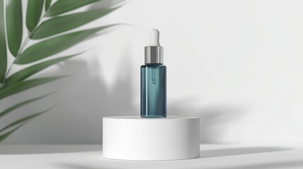 Serum cosmetic bottle with pump on white podium on white background