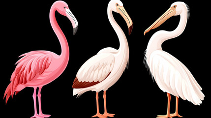 Obraz premium Colorful flamingo and pelican illustrations, side-by-side, against black background.
