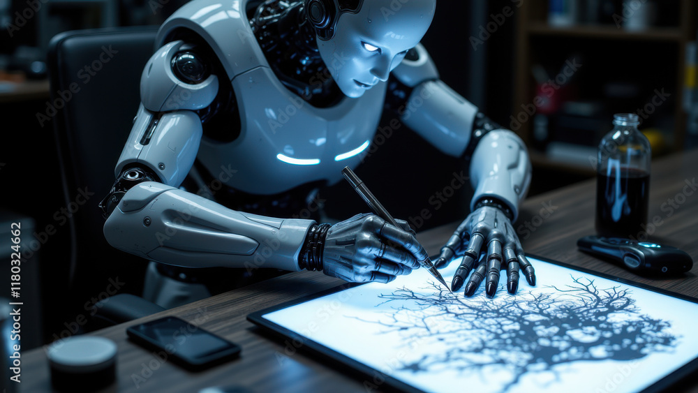 Poster a robot with glowing eyes using a tablet at a desk.