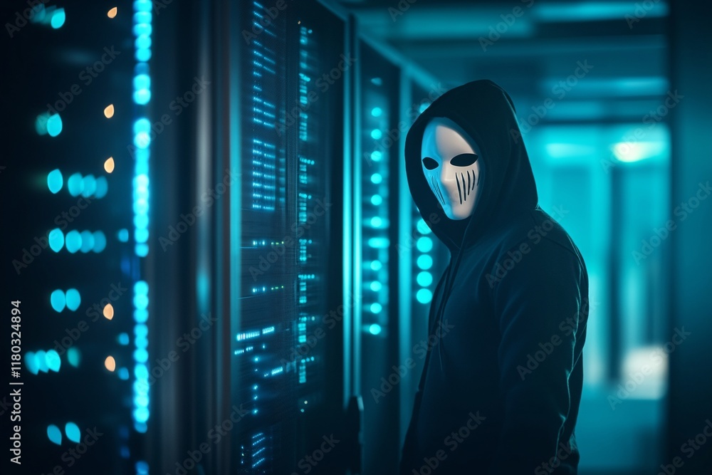 Poster hooded hacker in corporate data center. rows of rack servers. ai training cluster. cloud data storag
