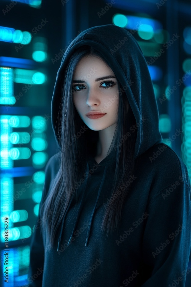 Poster young woman hacker in corporate data center. rows of rack servers. ai training cluster. cloud data s