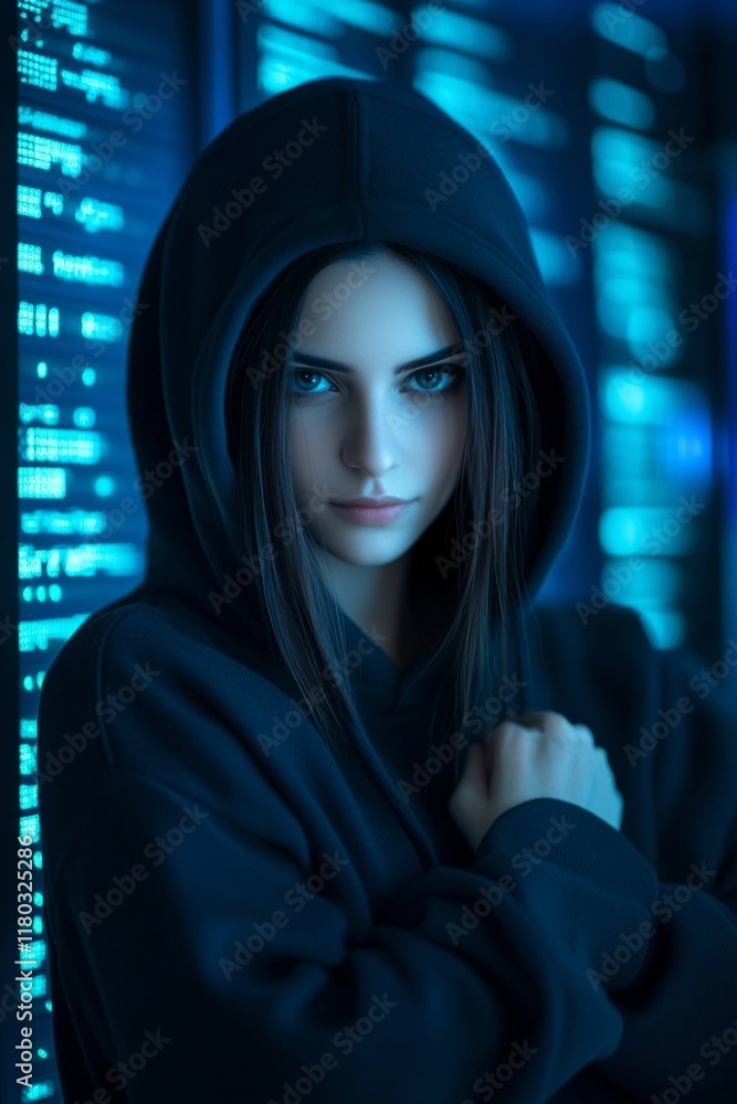 Poster young woman hacker in corporate data center. rows of rack servers. ai training cluster. cloud data s