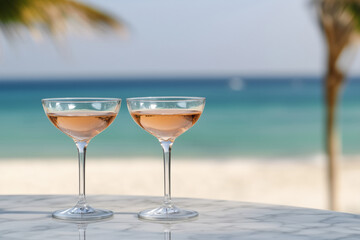 Set of two elegant coupe glasses with rose sparkling wine served on the table near the beach
