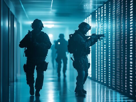 SWAT soldiers team in data center. Special forces in cyber war. Cybercrime, cybersecurity concept. Data and network protection. Armed FBI agent, police officer in AI cluster corridor. Security guard