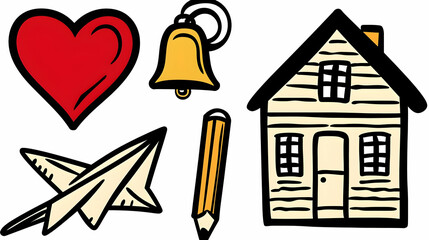 Fototapeta premium Cute hand-drawn icons of a heart, bell, house, airplane, and pencil on a white background.